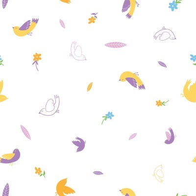Padrão repetitivo de pássaros, flores e folhas coloridas num fundo branco