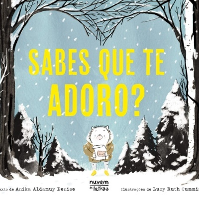 Ilustração de floresta nevada com personagem animal e texto Sabes que te adoro?