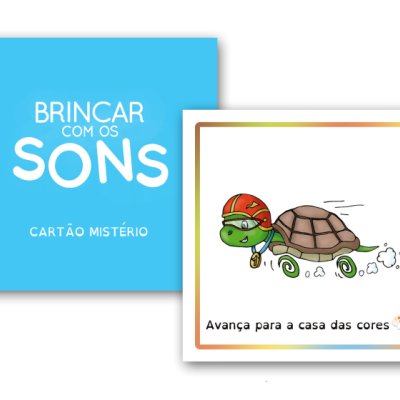 Dois cartões, um azul com texto e outro branco com tartaruga e texto