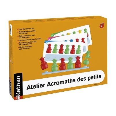 Caixa de atelier Atelier Acromaths des petits para crianças a partir dos 2 anos com peças coloridas em plástico vermelho, verde e azul.