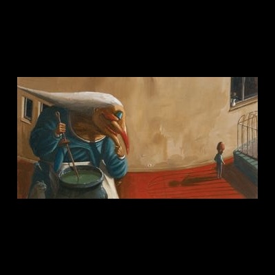 Ilustração de figura com cabeça de ave mexendo caldeirão num quarto com parede bege e chão vermelho