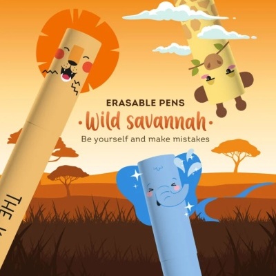Canetas apagáveis com desenhos de animais da savana e texto promocional