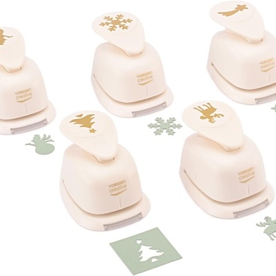 Conjunto de cinco perfuradores de papel com motivos natalícios em plástico bege.