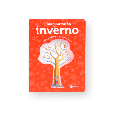 Livro vermelho para crianças com tema de inverno e ilustração de árvore