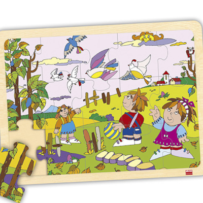 Quebra-cabeças infantil de madeira com desenho de crianças, aves e paisagem colorida