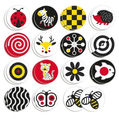 Fichas redondas coloridas com desenhos de animais e padrões geométricos