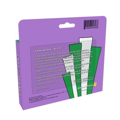 Embalagem roxa com texto e cartas educativas verdes/brancas para ensino de sons B e P