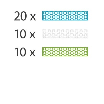 Barras hexagonais coloridas azul, branco e verde com quantidades 20x, 10x e 10x