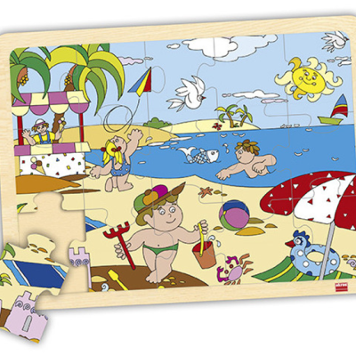 Puzzle de madeira infantil com cena de praia colorida