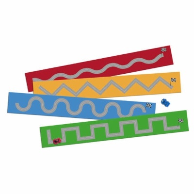 Quatro faixas coloridas com pistas de corrida e carros pequenos