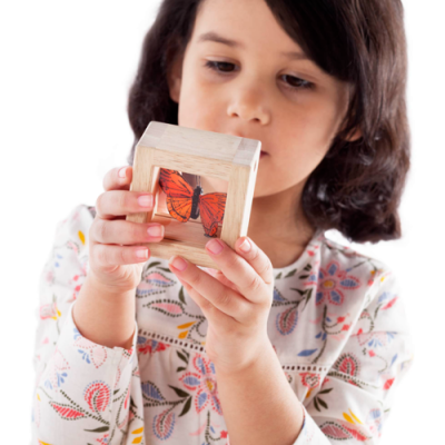 Criança segurando cubo de madeira com imagem de borboleta.