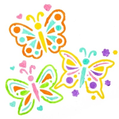 Desenho colorido de três borboletas com padrões geométricos em fundo branco