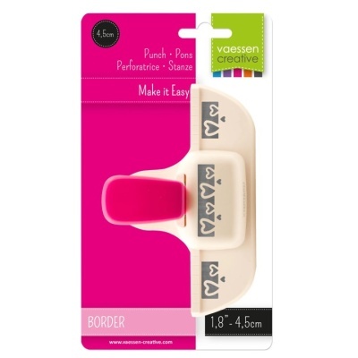 Perfurador de bordas decorativo branco e rosa com padrão de corações na embalagem rosa e verde