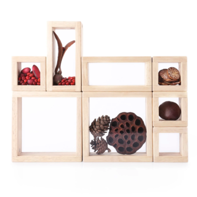 Conjunto de molduras de madeira com objetos naturais variados