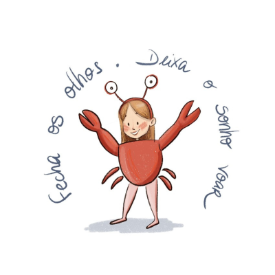Desenho de criança vestida de caranguejo com texto manuscrito motivacional