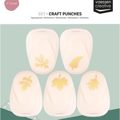 Conjunto de 5 perfuradores de papel com desenhos de folhas em embalagem branca e verde