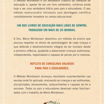 Página de livro com texto sobre Método Montessori, logo editora Alma Livros, código de barras e imagem de livros abertos.