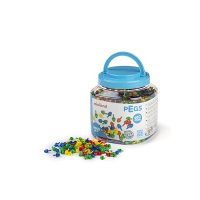 Frasco transparente com tampo azul e peças coloridas para encaixe