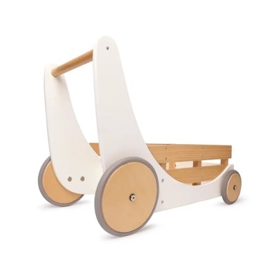 Carrinho de passeio para crianças em madeira branca e natural com rodas cinzentas
