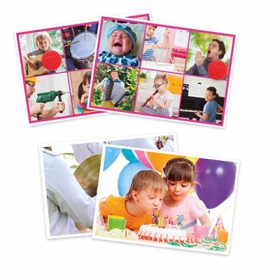 Folhas com colagens de crianças tocando instrumentos e celebração de aniversário