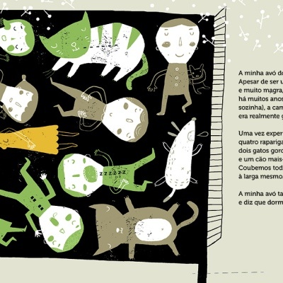 Ilustração colorida de figuras humanas e gatos sobre cama preta com texto em português