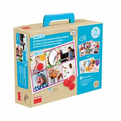 Caixa de conjunto educativo com cartas de ações e instrumentos musicais para crianças, com alça azul e peças vermelhas visíveis
