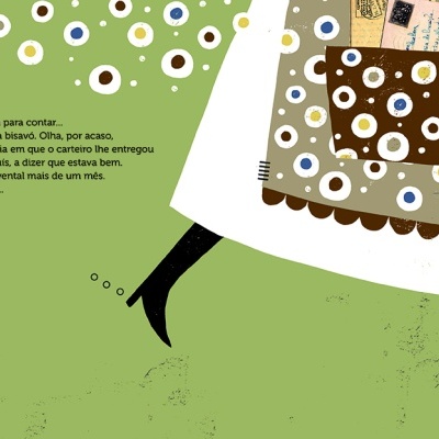 Ilustração de pessoa com casaco castanho e saia branca sobre fundo verde com padrões circulares