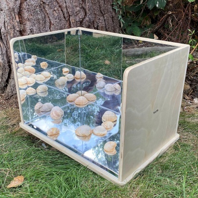 Aquário quadrado de vidro e madeira com conchas no interior