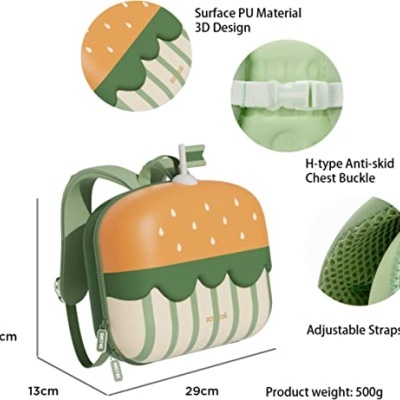 Mochila infantil 3D em forma de hambúrguer com fecho anti-derrapante e alças ajustáveis