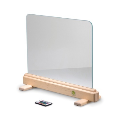 Divisor transparente com base de madeira e controlo remoto