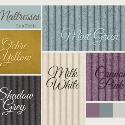 Amostras de tecido para colchões em várias cores e texturas com etiquetas de texto