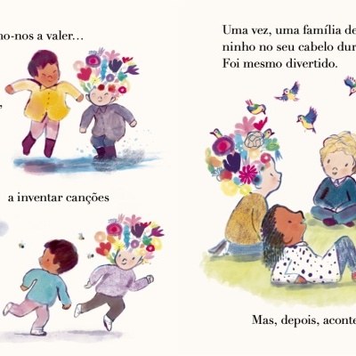 Ilustração de crianças com flores e pássaros nas cabeças e texto em português