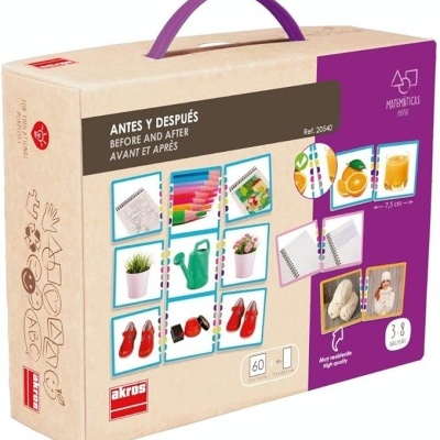 Caixa de jogo educativo ANTES Y DESPUÉS com imagens coloridas e alça roxa