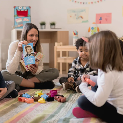 Mulher e crianças sentados em tapete com cartas e peças coloridas, em sala com móveis e desenhos infantis