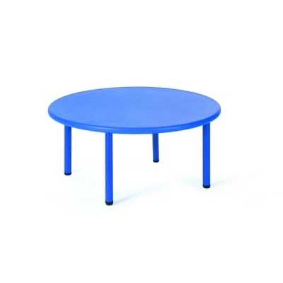 Mesa redonda baixa azul com quatro pernas cilíndricas simples