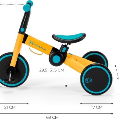 Triciclo infantil amarelo, preto e azul com medidas