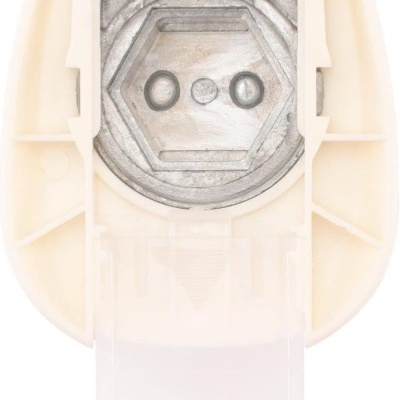 Dispositivo oval branco com peça metálica hexagonal interna e tampa transparente