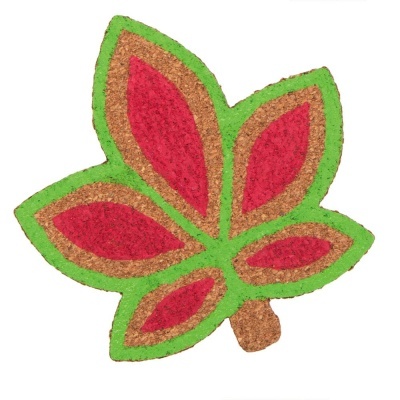 Producto em forma de folha cortiça com vermelho, castanho e verde sobre fundo branco