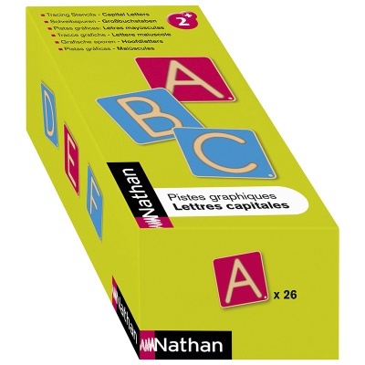 Caixa amarela com letras coloridas ABC contendo 26 peças para traçar letras maiúsculas