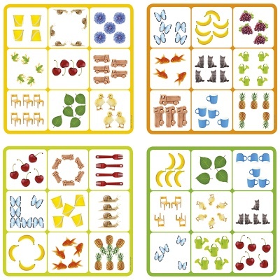 Padrões organizados com frutas, utensílios e animais em blocos coloridos