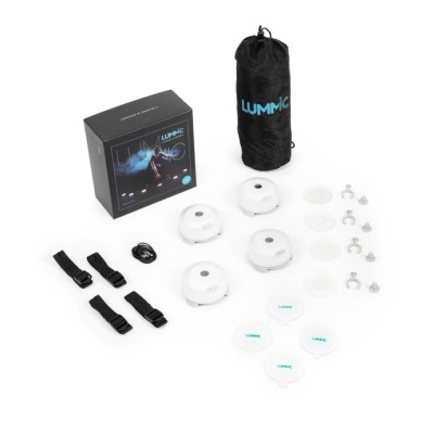 Conjunto LUMMIC com unidades brancas, tampas, cintas, cabo, encaixes, bolsa preta e caixa.