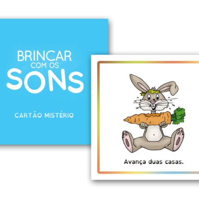 Dois cartões, um azul com texto branco e outro com desenho de coelho a segurar cenoura e texto abaixo.