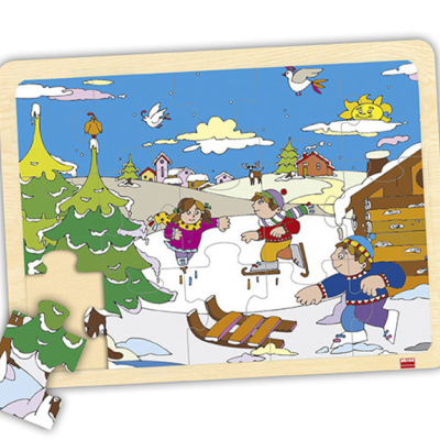 Puzzle de madeira com crianças a patinar na neve e cenário de inverno colorido.