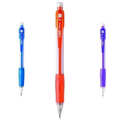 Três lapiseiras mecânicas coloridas com corpo transparente e agarre emborrachado.