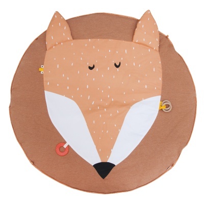 Tapete redondo com rosto de raposa desenhado em tecido castanho e laranja claro