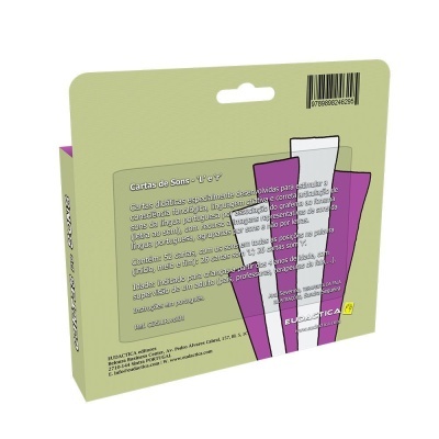 Embalagem verde com texto e gráficos roxos, contendo cartas educativas