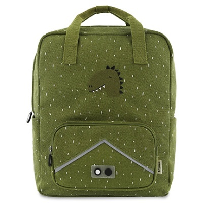 Mochila verde com desenho de dinossauro e bolso frontal