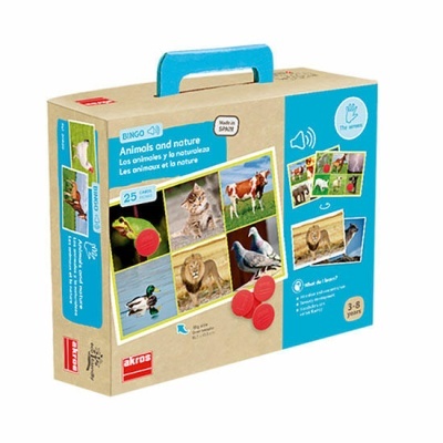 Caixa de jogo educativo Bingo Animals and nature com pega azul e imagens de animais