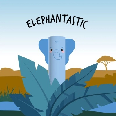 Ilustração de elefante azul com texto ELEPHANTASTIC e folhas azuis em savana