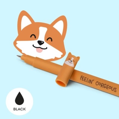 Caneta preta com design de cão cor de laranja e branco e texto 'FEELIN' CORGEOUS'